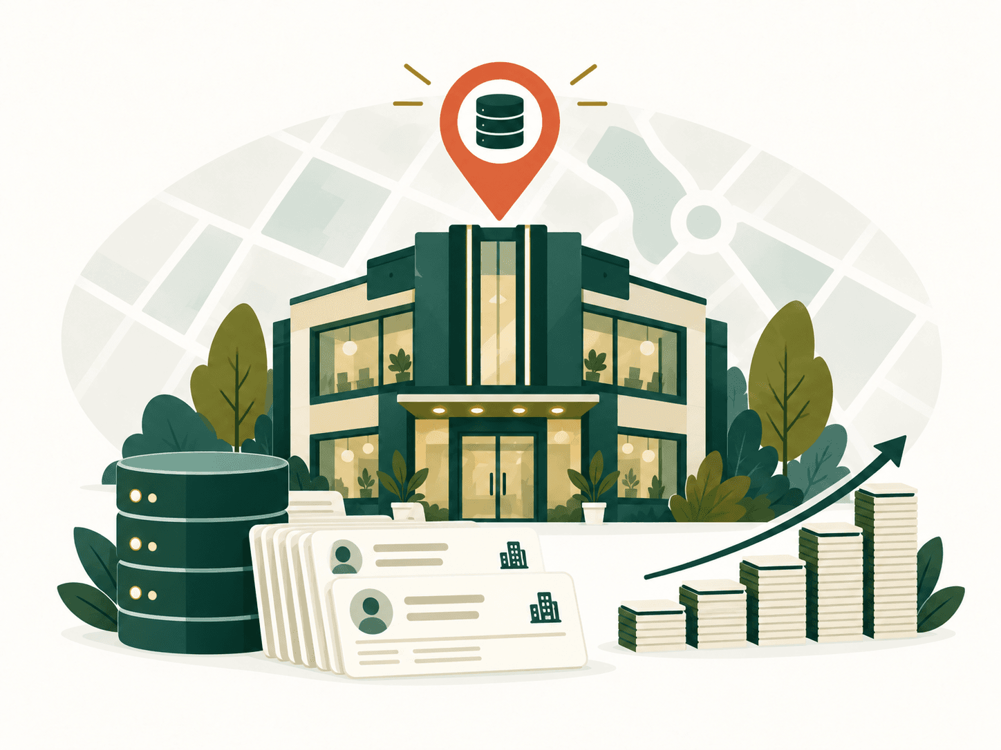 Editorial illustration for company prospect database market research and B2B lead generation