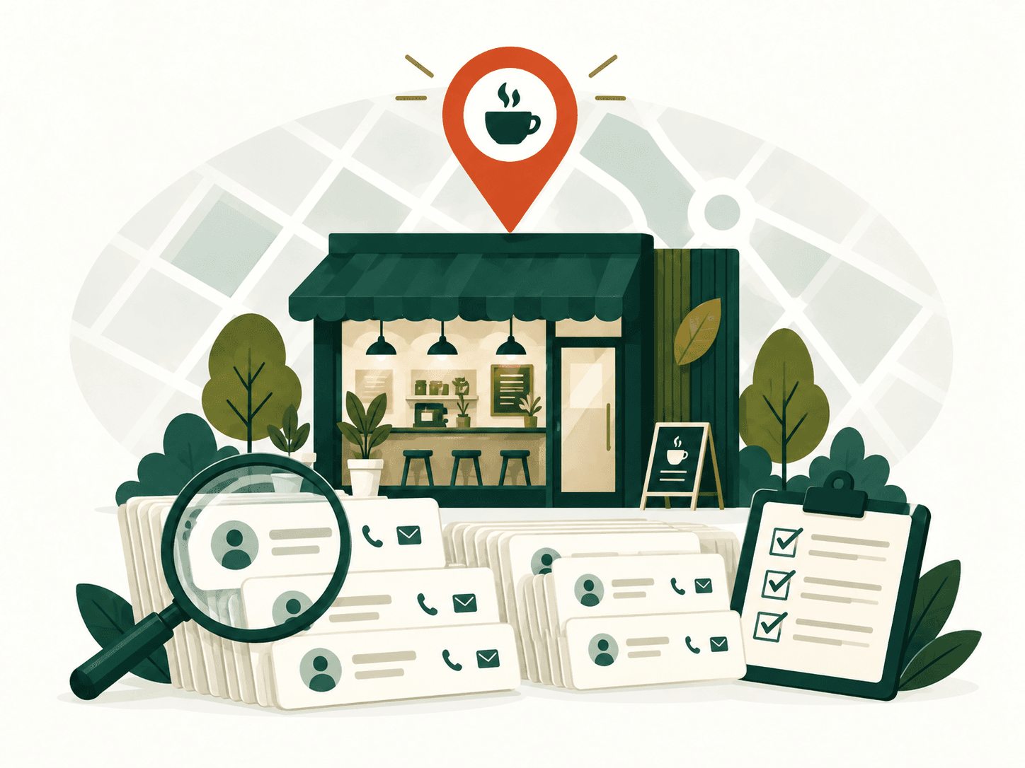 Editorial illustration for local business data at scale market research and B2B lead generation