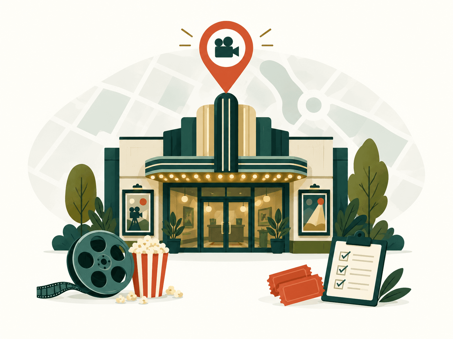 Editorial illustration for independent movie theatres market research and B2B lead generation