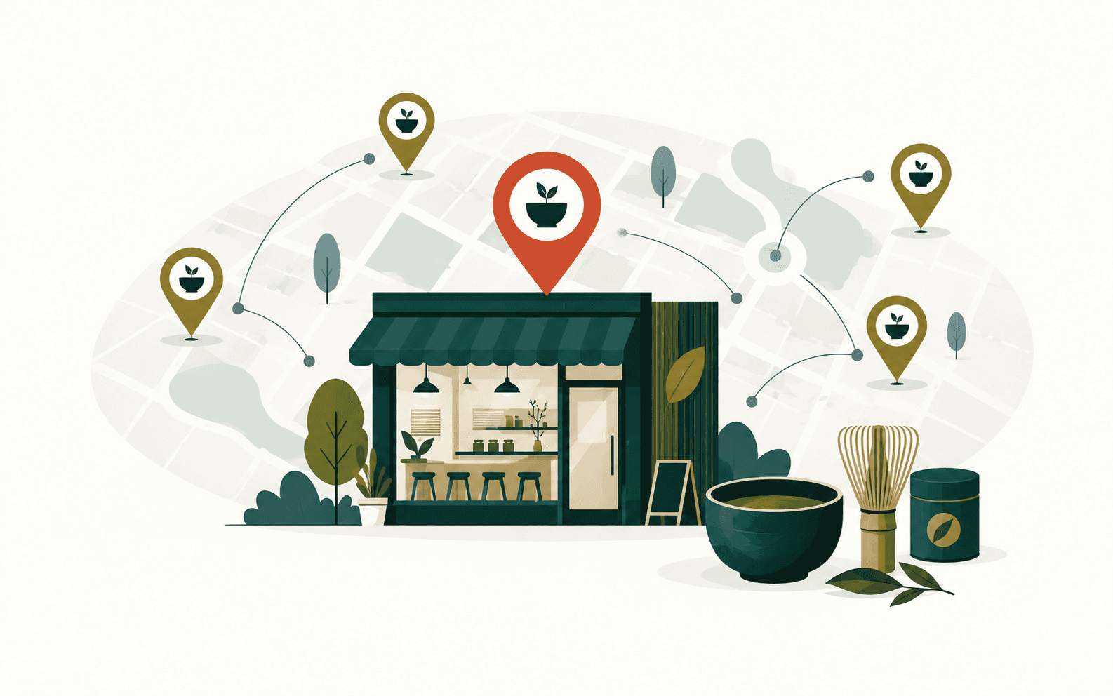 Editorial illustration for matcha shops market research and B2B lead generation